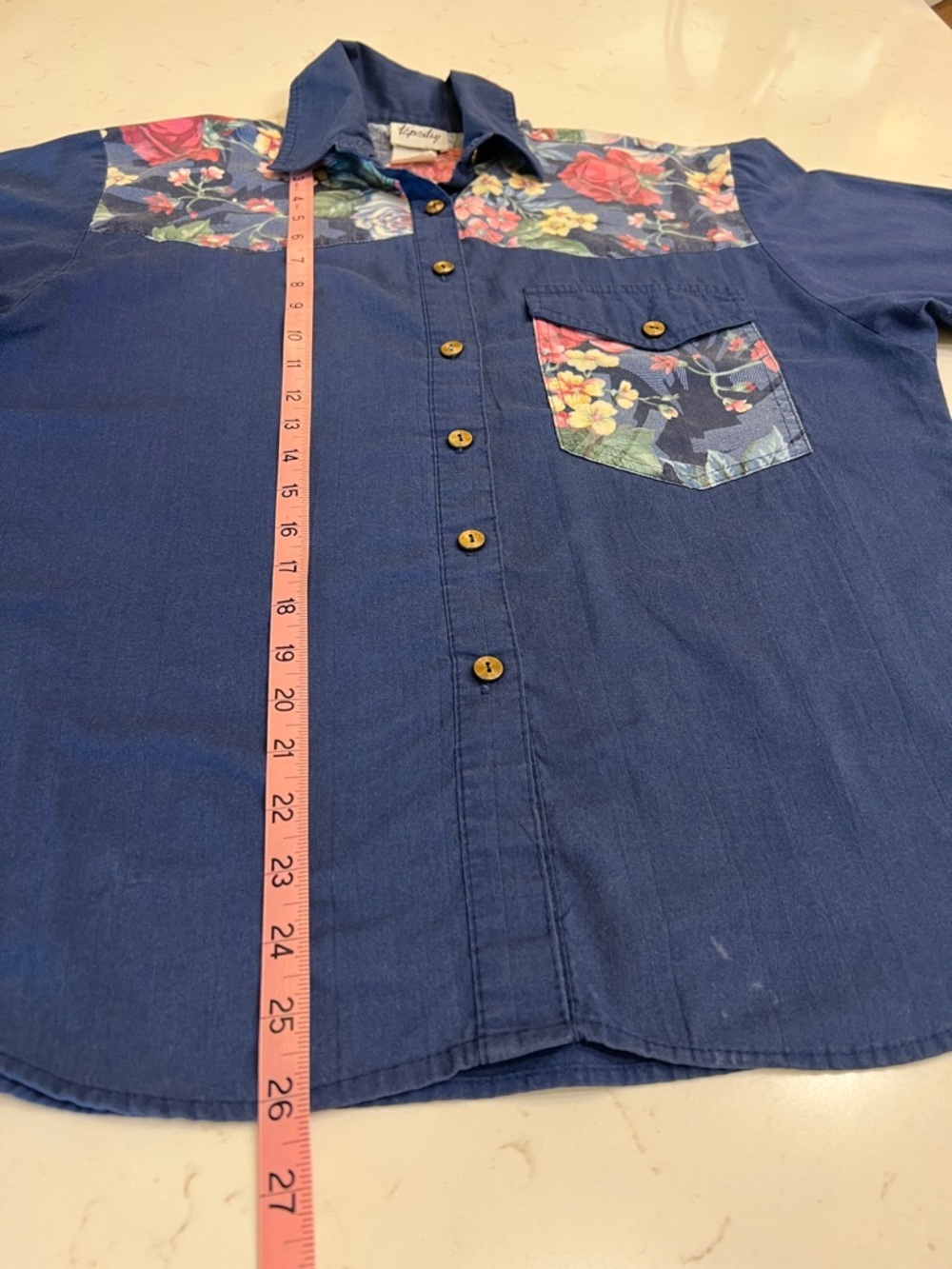 Vintage Tapestry Western Floral Button Down Shirt Navy Short Sleeve M - Picture 8 of 9